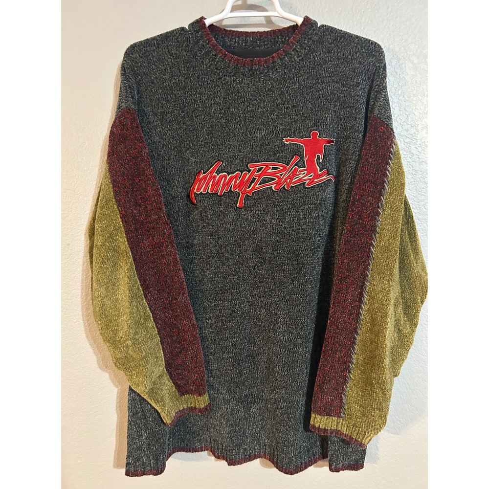 Vintage Johnny Blaze Hip Hop Knit Sweater Mens Grey Burgundy Yellow Y2K XL
